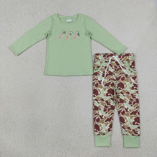 Embroidery BLP1492 Hunting Mallard DUck Dog Long Sleeve Camo Pants Boys Set