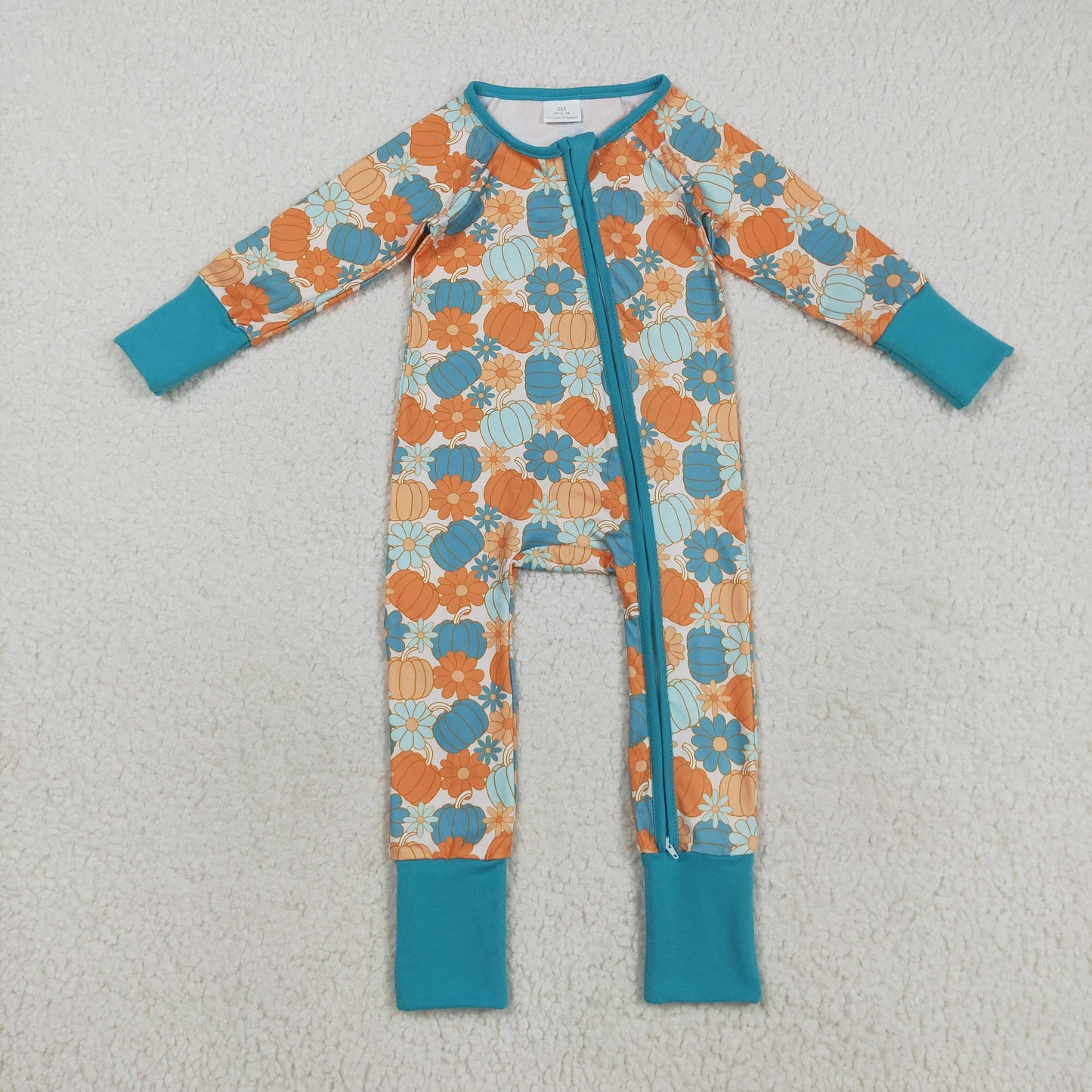 LR2461 Autumn pumpkin flowers blue zipper long sleeve girls  romper