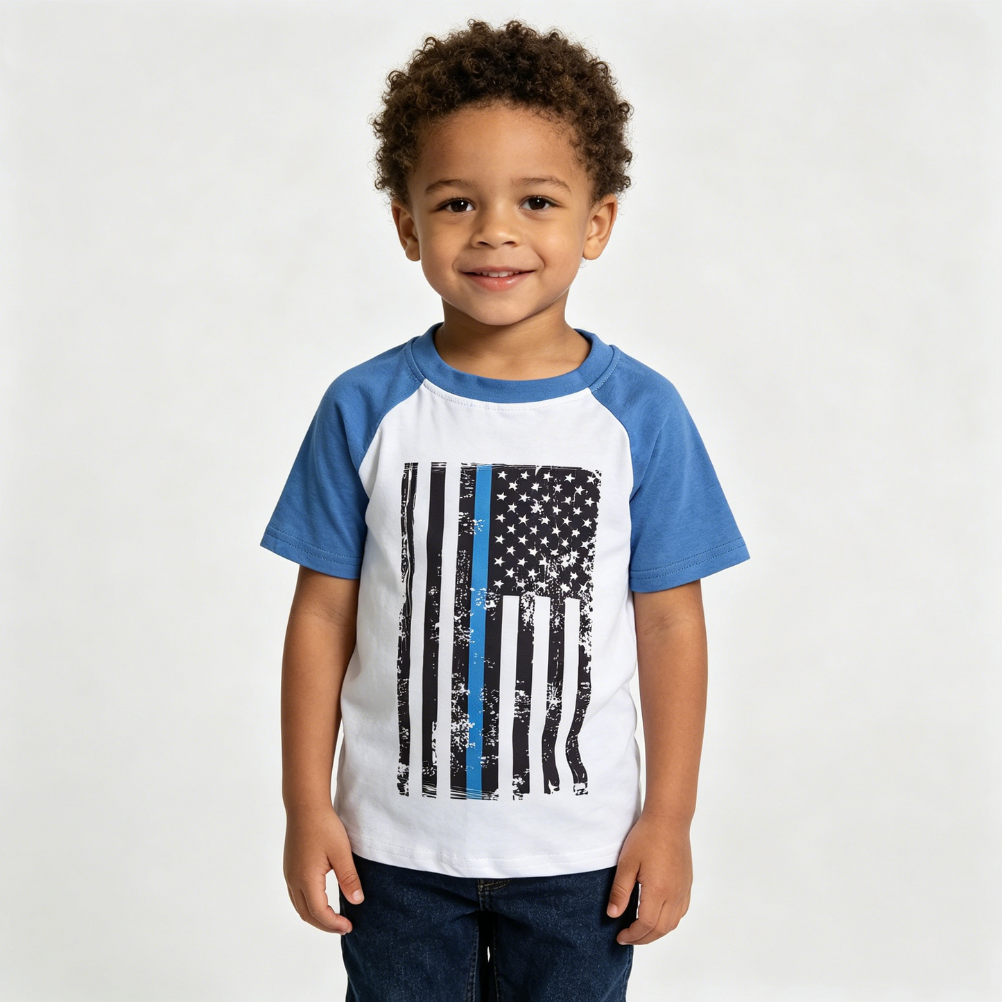 A9-17 Blue Short Raglan Flag Boys Casual T-shirts