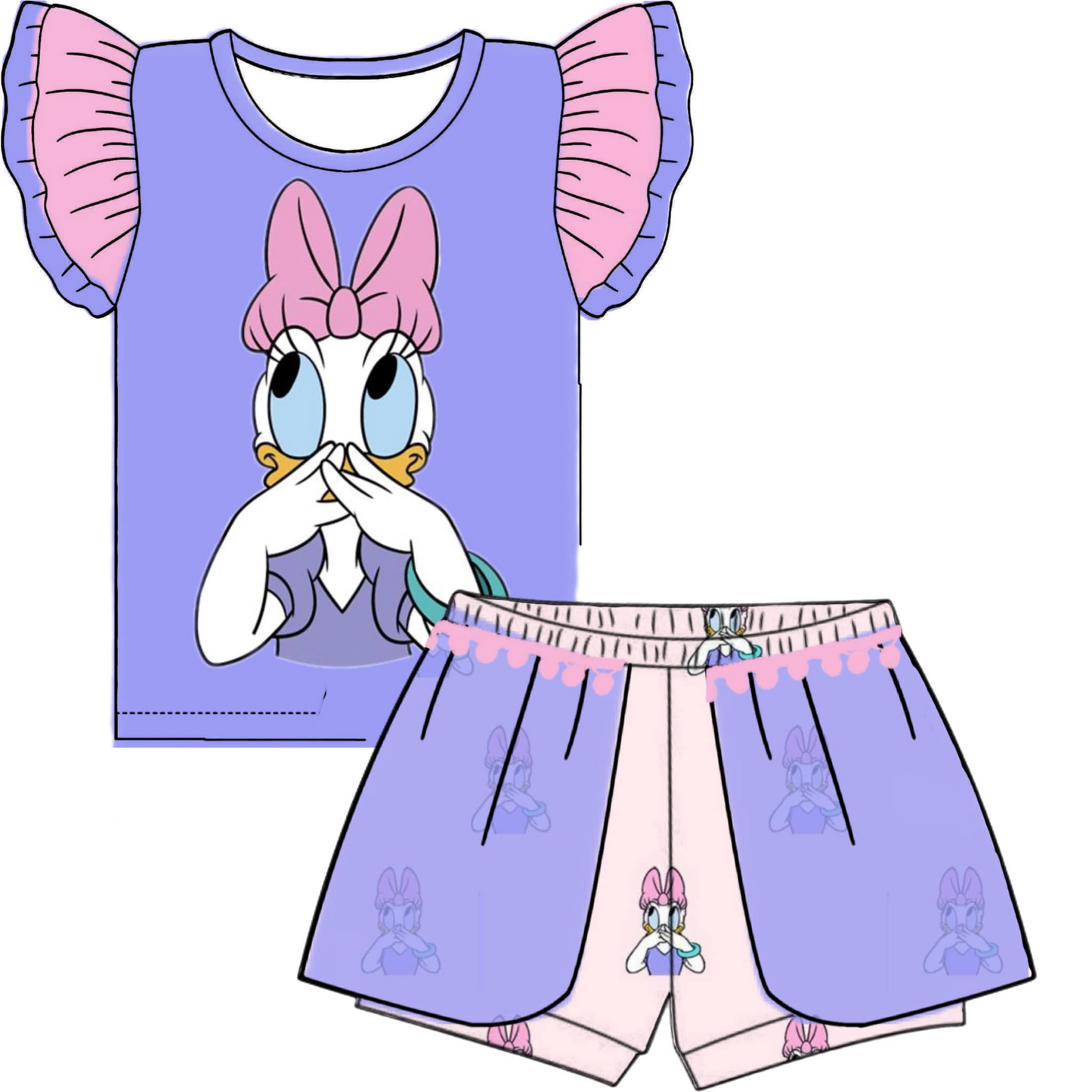custom style cartoon duck purple flutter sleeve shorts girls set tat 6-8 weeks