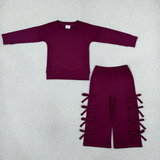 GLP3846 Solid Color Maroon Long Sleeve Pants Girls Set