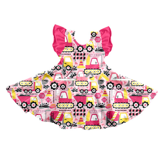 preorder GSD0638 Construction Truck Pink Flutter Sleeve Girls Dress