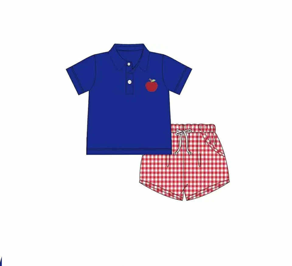 custom back to school apple navy blue short sleeve red checkered shorts boys set