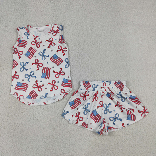 GSSO3520 Yoga July 4th Flag Bows Sleeveless Shorts Girls Set