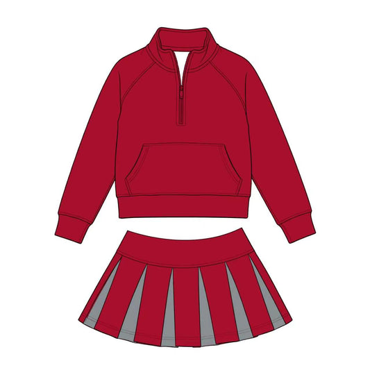 Custom Moq 3 Red Zipper Long Sleeve Skorts Girls Set