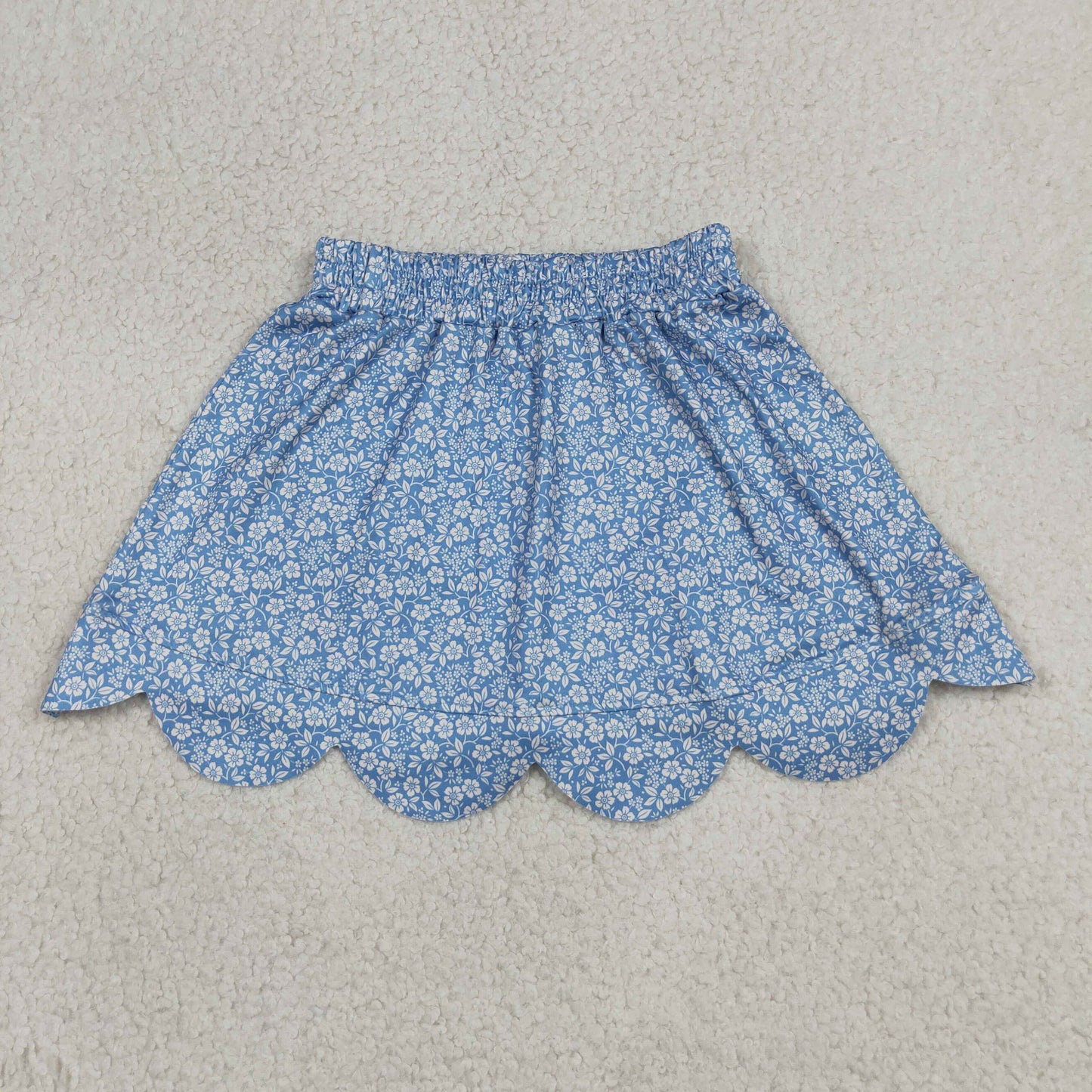 GLK0239 Scallop Milk Silk Blue Flowers Floral Skorts Girls Skirt