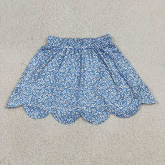 GLK0239 Scallop Milk Silk Blue Flowers Floral Skorts Girls Skirt
