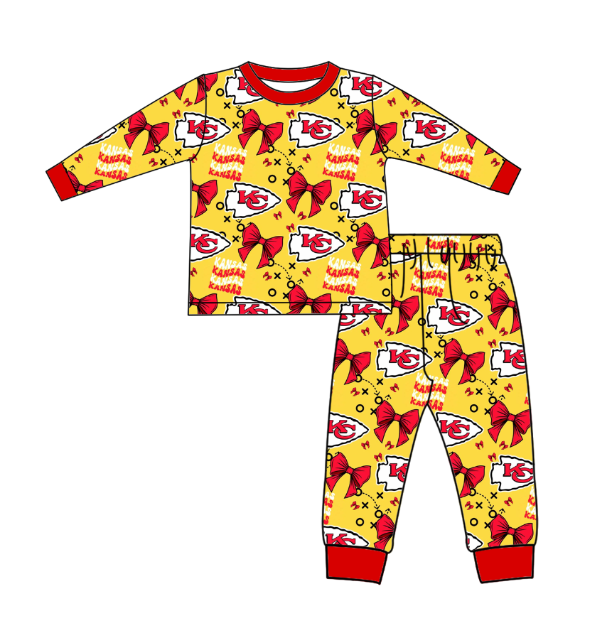 Cutom Moq 3 Football Team KC Red Bows Yellow Long Sleeve Pants Boys Pajamas