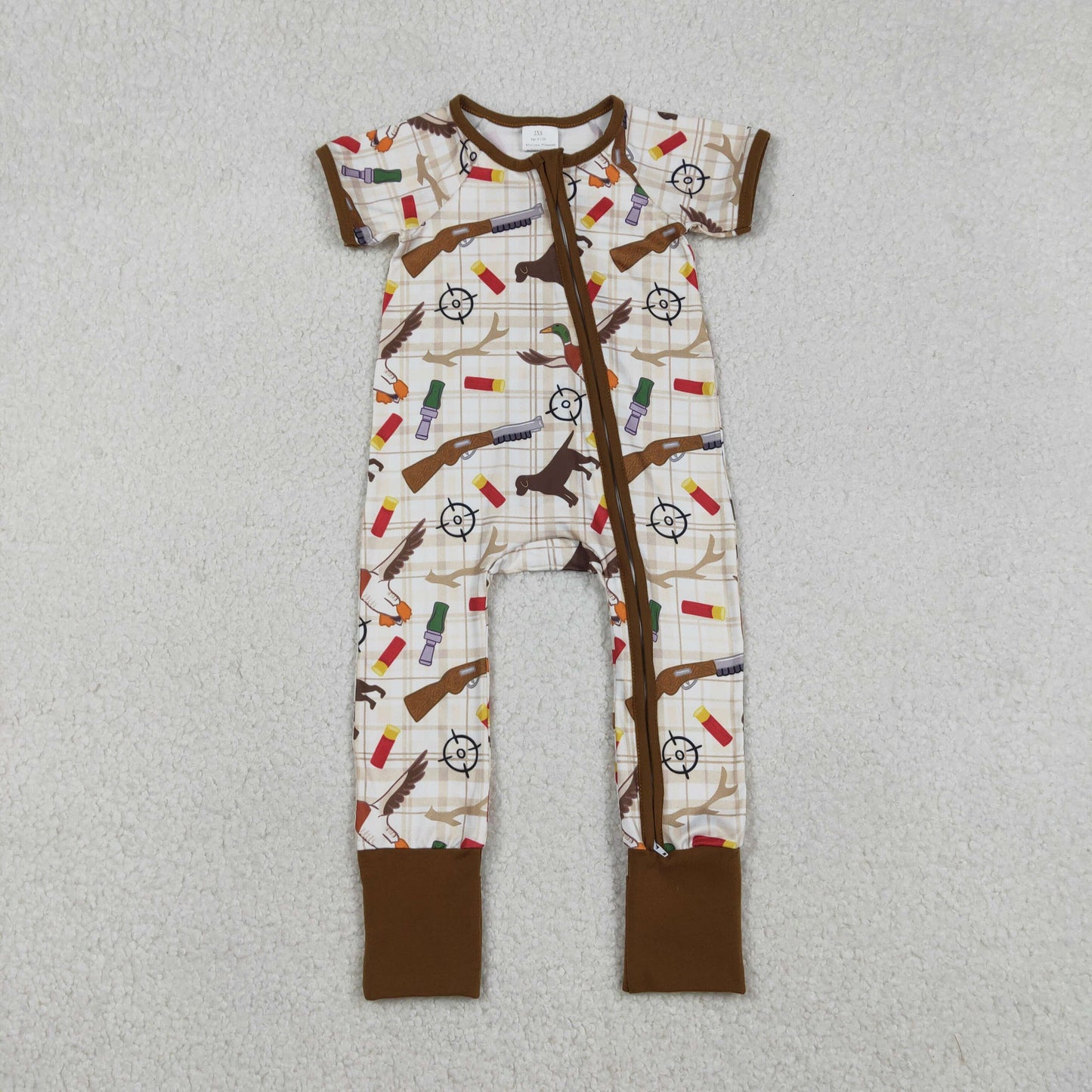 SR3497 Hunting Mallard Duck Brown Zipper Short Sleeve Boys Romper