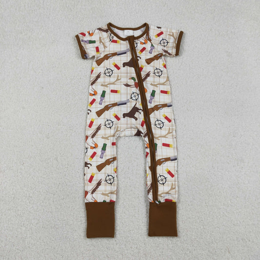 SR3497 Hunting Mallard Duck Brown Zipper Short Sleeve Boys Romper