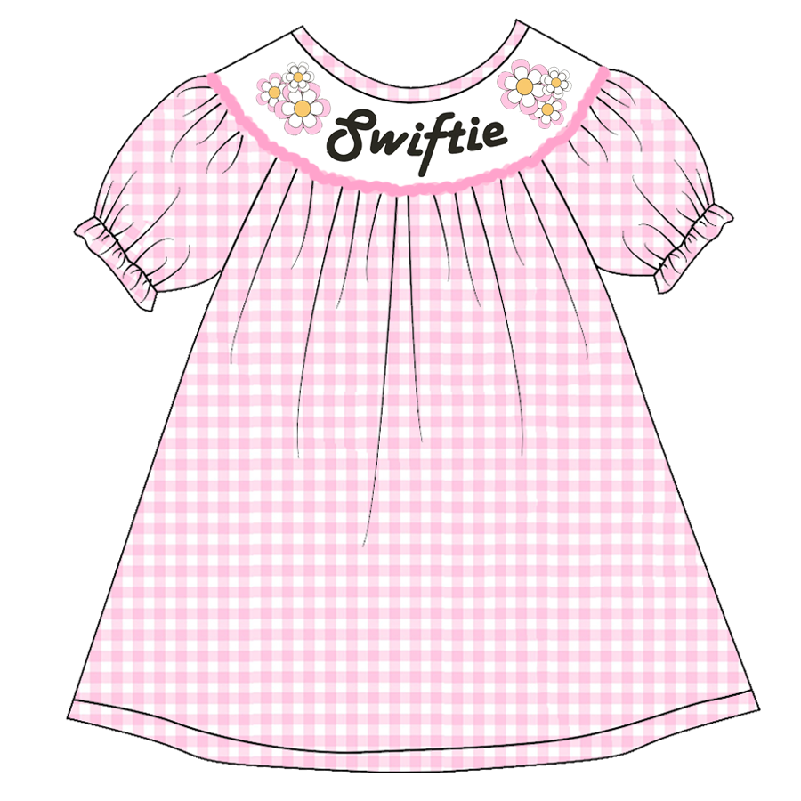 custom style swiftie flowers pink checkered short sleeve girls dress