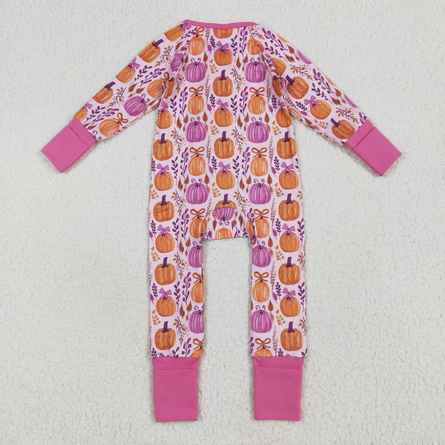 Custom moq 20 bamboo orange pumpkin pink bows zipper long sleeve girls romper