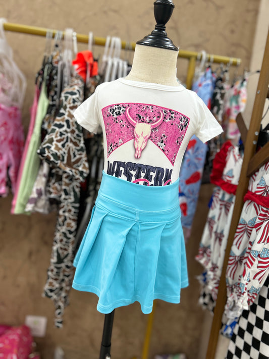 Western cow short sleeve yoga light blue skirt skort girls set
