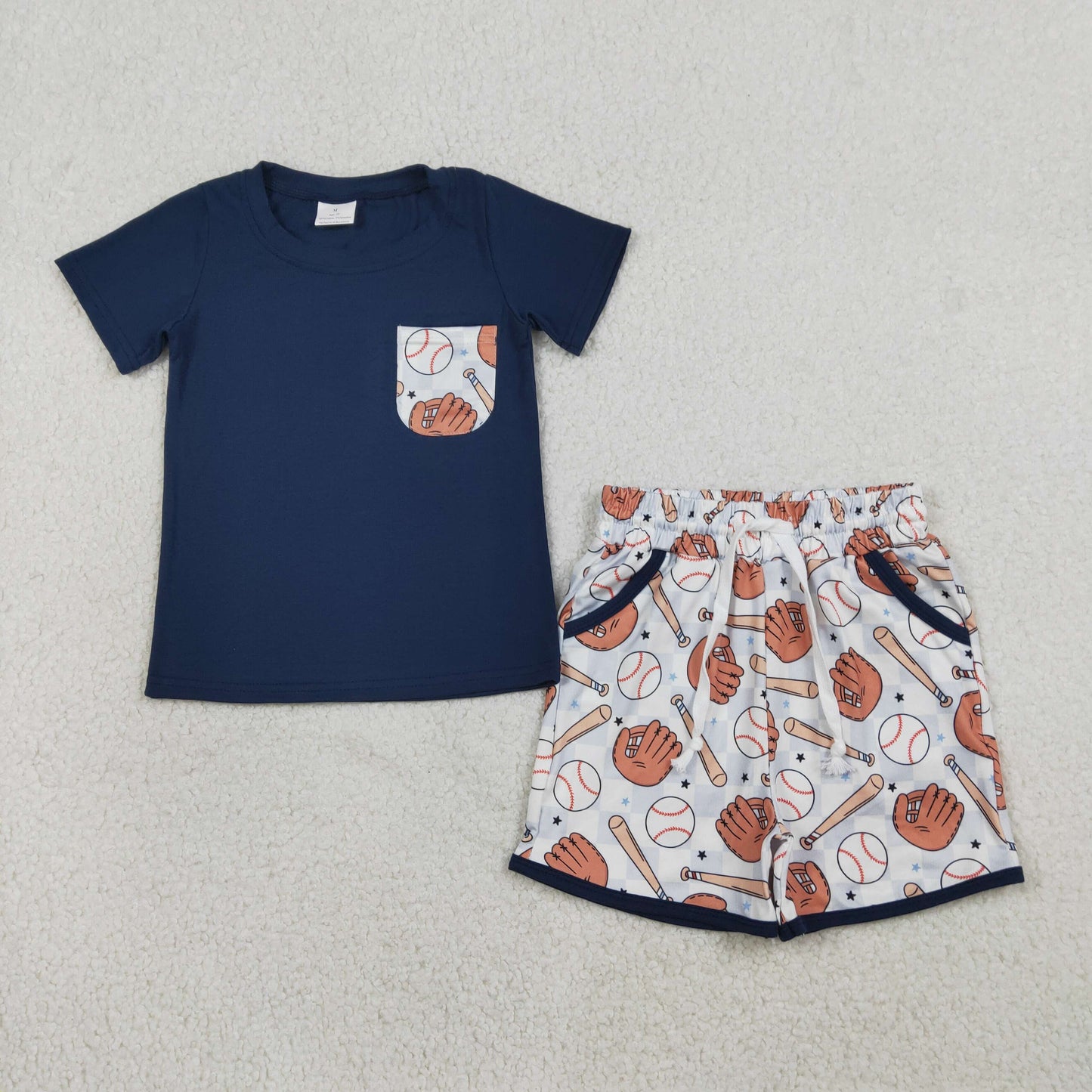 BSSO1669 Baseball Navy Blue Pocket Short Sleeve Shorts Boys Set