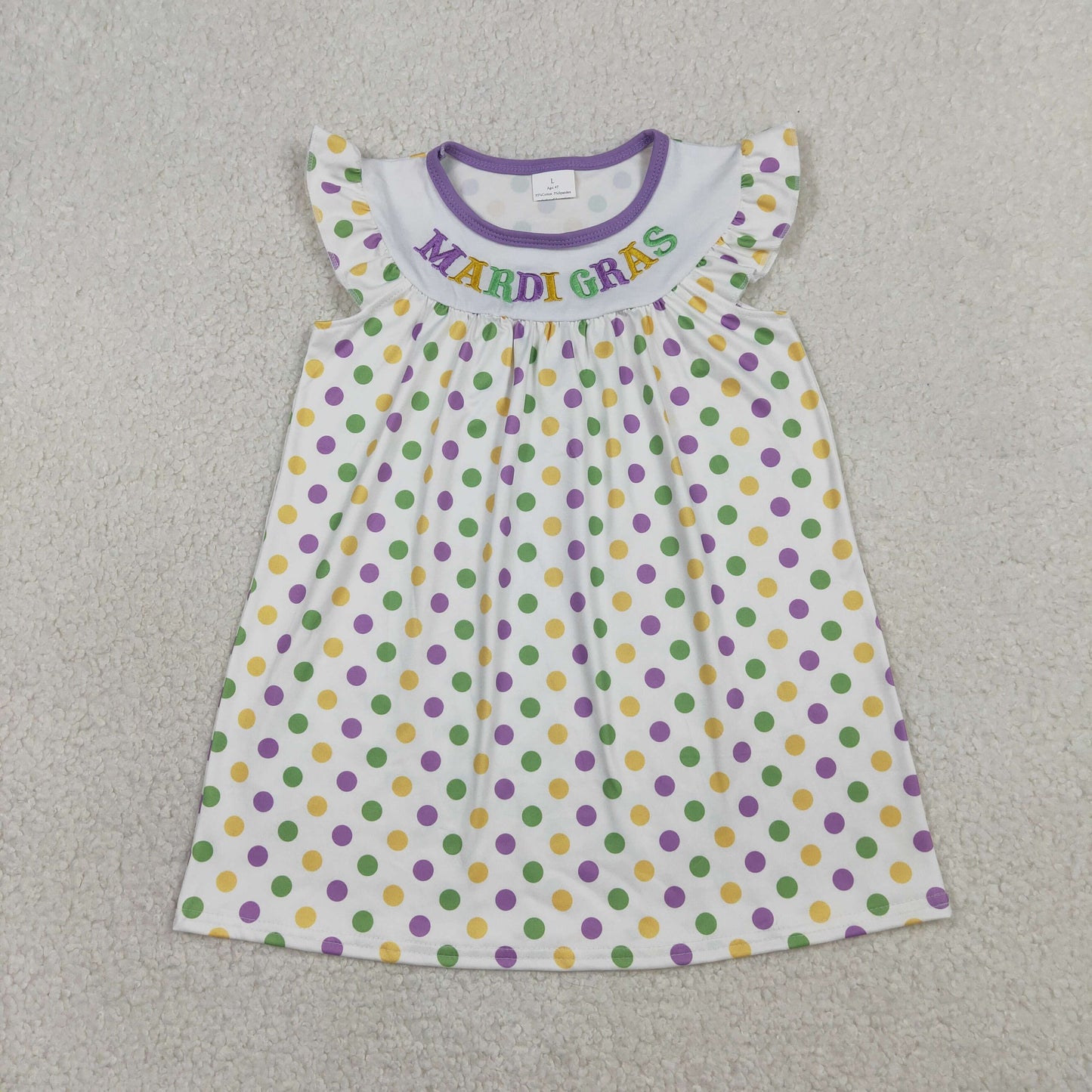 Embroidery GSD3122 Mardi Gras Dot Flutter Sleeve Girls Dress