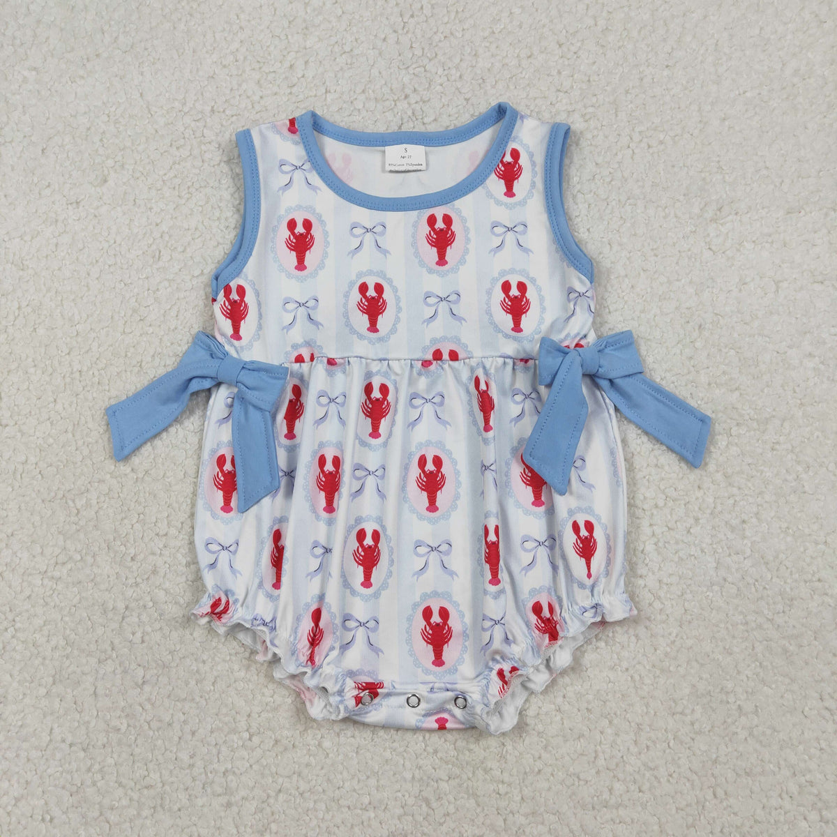 SR3828 Crayfish Bows Blue Sleeveless Girls Romper