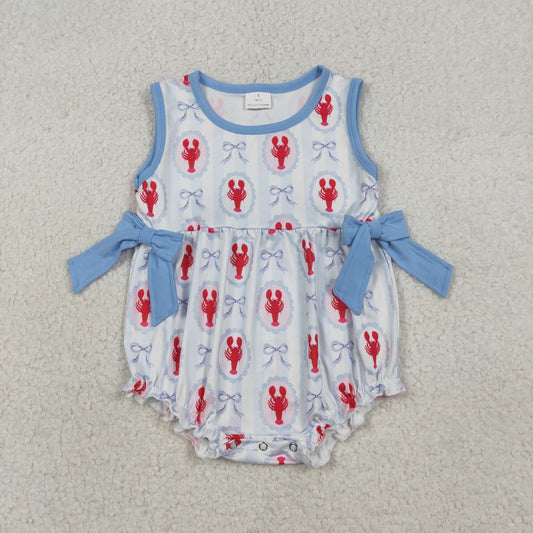 SR3828 Crayfish Bows Blue Sleeveless Girls Romper