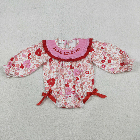 Smocked Embroidery LR2769 Jesus love me red pink flowers long sleeve girls romper