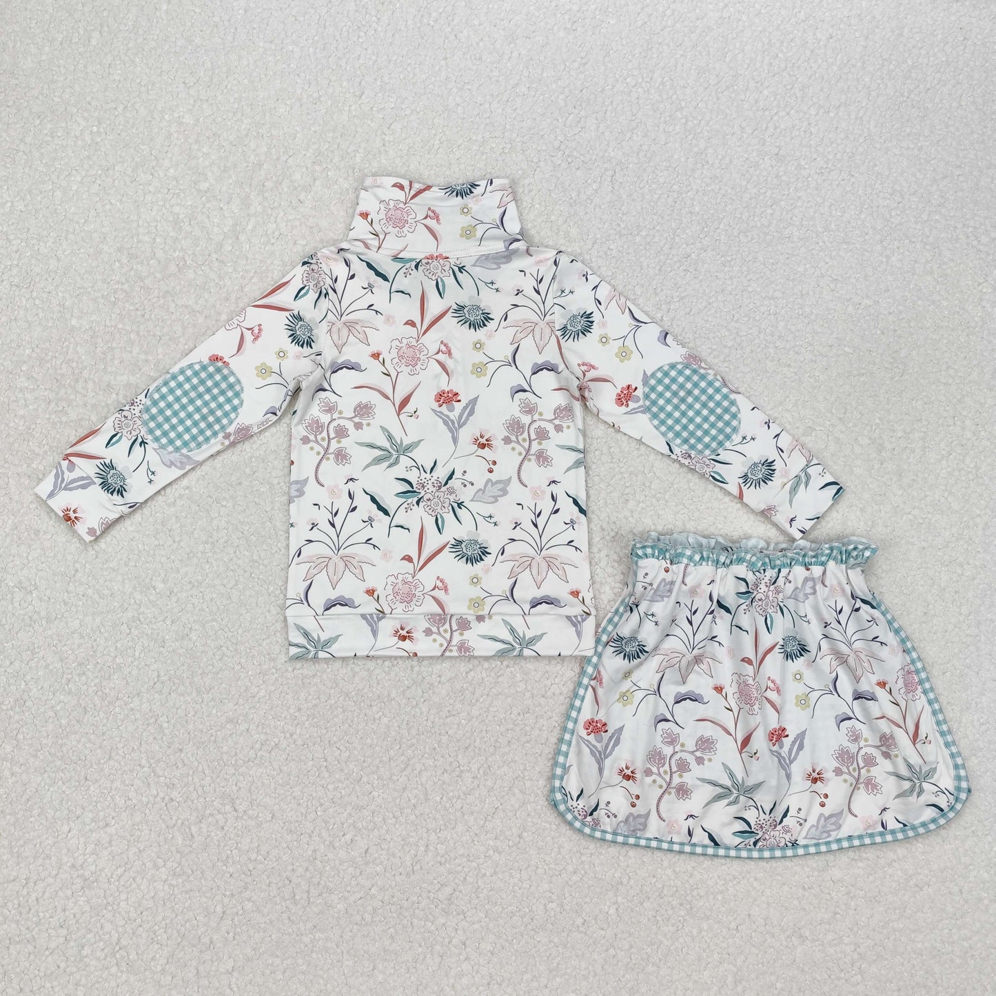 GLD0973 flowers checkered long sleeve skirt girls set