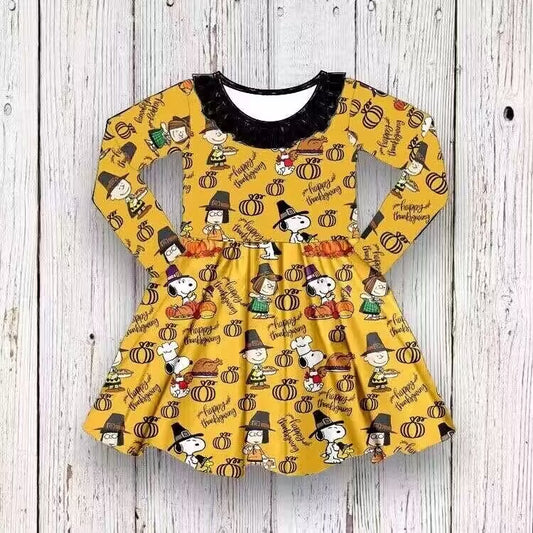 custom S cartoon dog yellow long sleeve girls dress