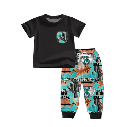 preorder BSPO0270 Western Pocket Black Short Sleeve Cactus Hat Pants Boys Set