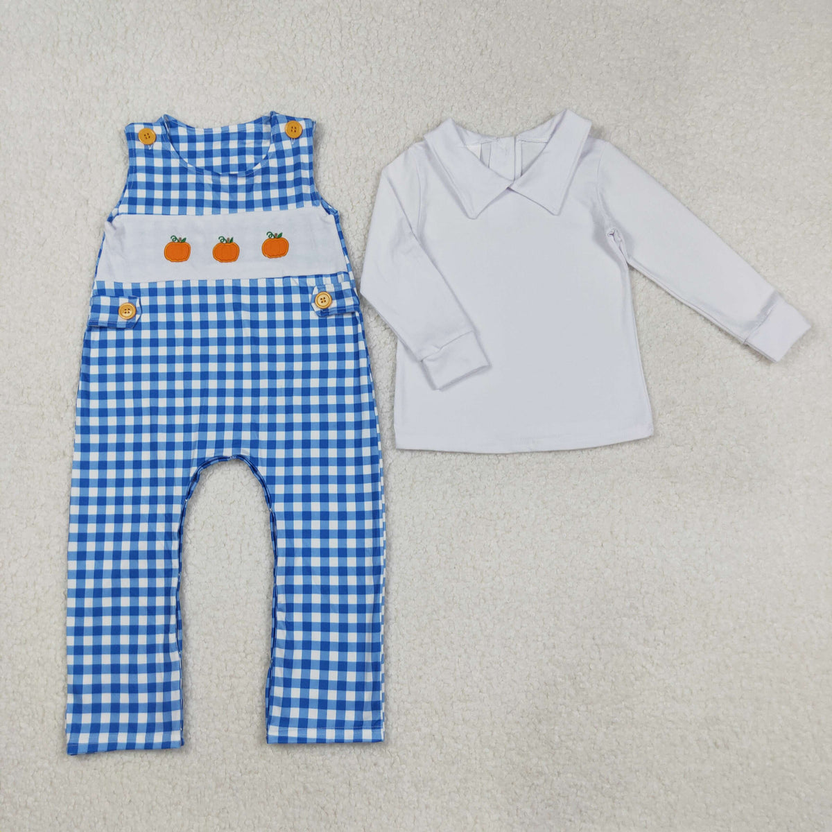 embroidery LR1501 white long sleeve Autumn pumpkin blue romper boys 2pcs romper