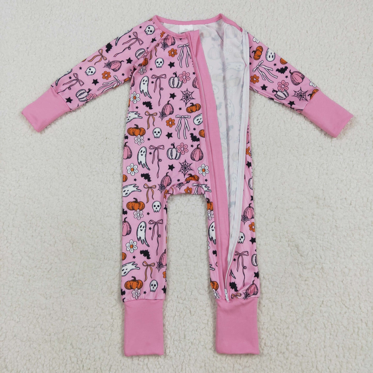 Custom moq 20 bamboo Halloween spooky pumpkin pink zipper long sleeve girls romper