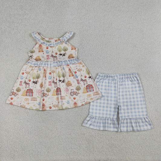 GSSO3077 Farm House Animals Top Blue Shorts Girls Set