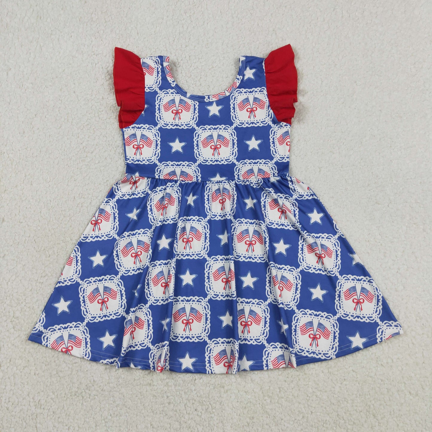 GSD3514 July 4th Flag Star Blue Flutter Sleeve Girls Dress