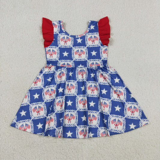 GSD3514 July 4th Flag Star Blue Flutter Sleeve Girls Dress