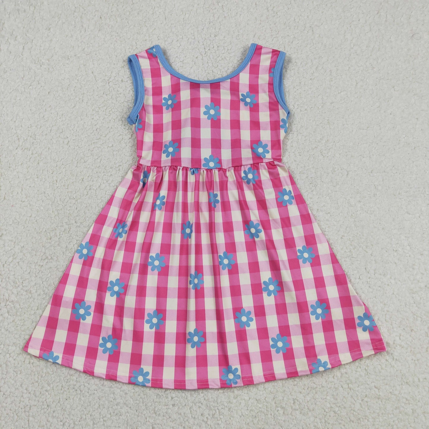 GSD4007 Flowers Bow Hot Pink Checkered Sleeveless Girls Dress