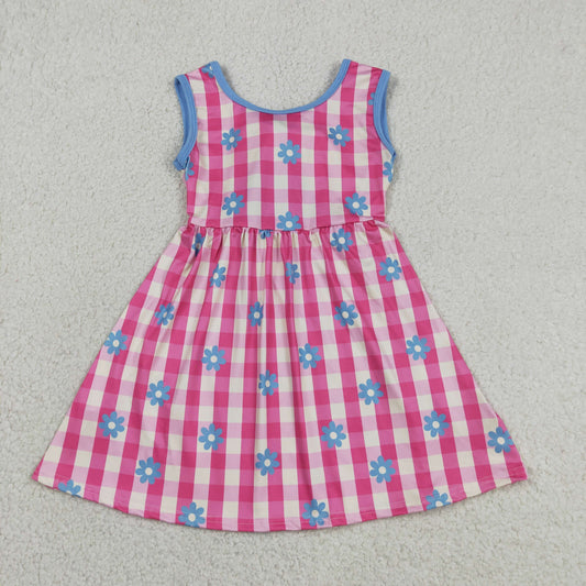GSD4007 Flowers Bow Hot Pink Checkered Sleeveless Girls Dress