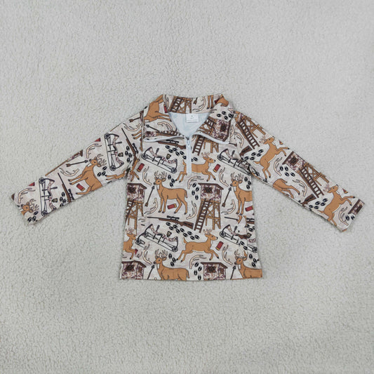 BT1397 hunting deer camo zipper long sleeve boys top