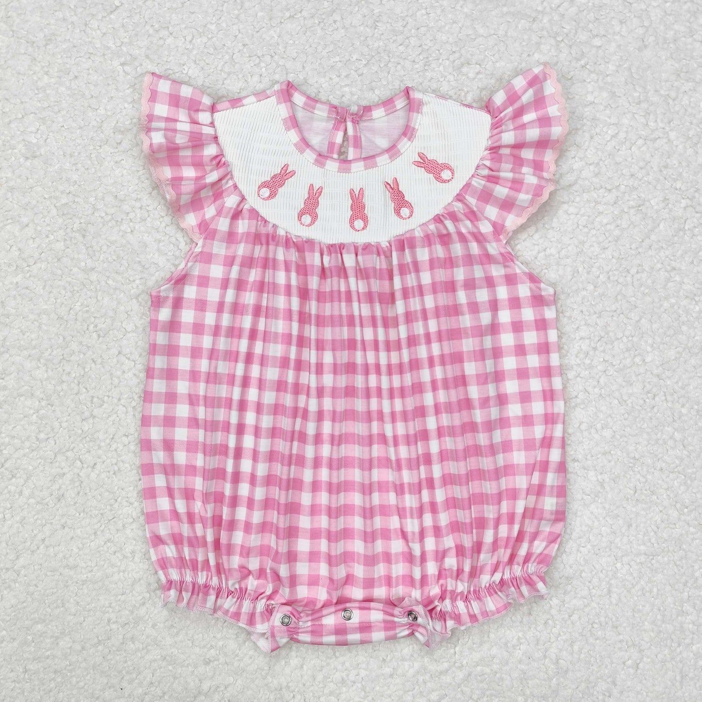 SR2215 smocked embroidery Easter rabbit bunny pink checkered flutter sleeve girls romper