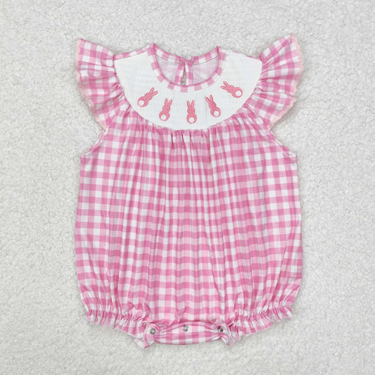 SR2215 smocked embroidery Easter rabbit bunny pink checkered flutter sleeve girls romper