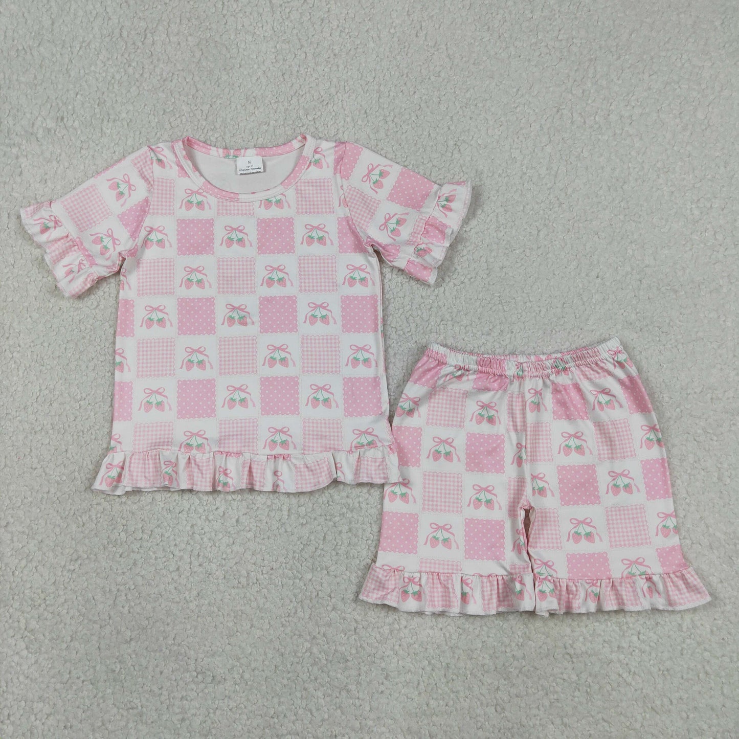 GSSO3342 Pink Bows Srawberry Short Sleeve Shorts Girls Set