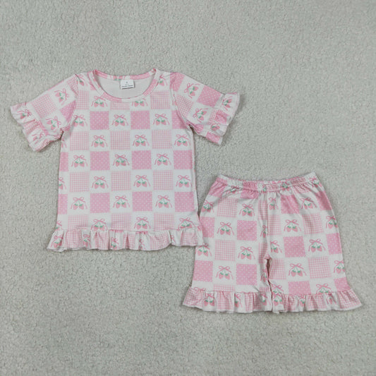 GSSO3342 Pink Bows Srawberry Short Sleeve Shorts Girls Set