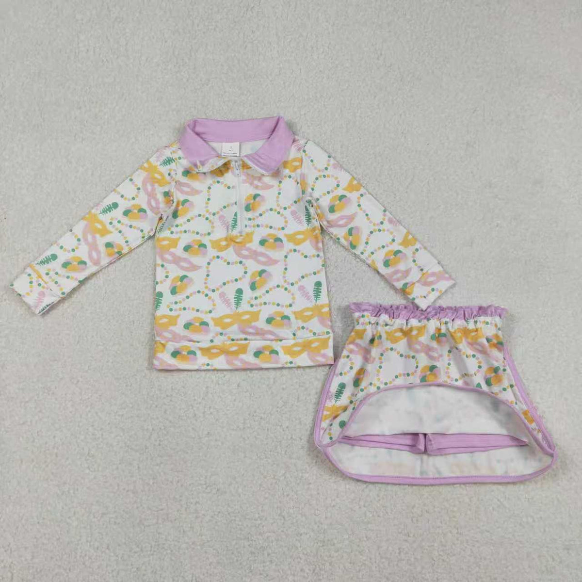 Mardi Gras Zipper Long Sleeve Skorts Girls Set Sibling Clothes