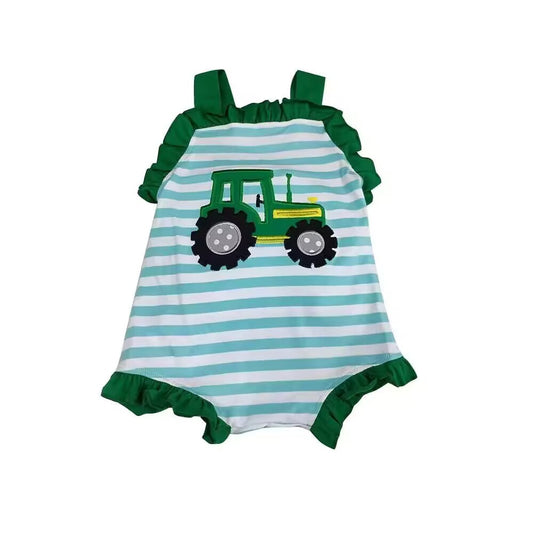 custom style farm tractor green striped sleeveless girls romper