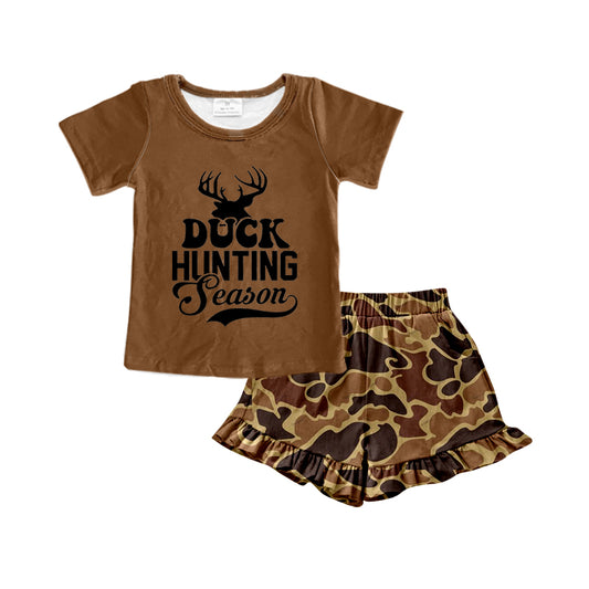 preorder GSSO0393 Duck Hunting Season brown short sleeve camo ruffles shorts girl set