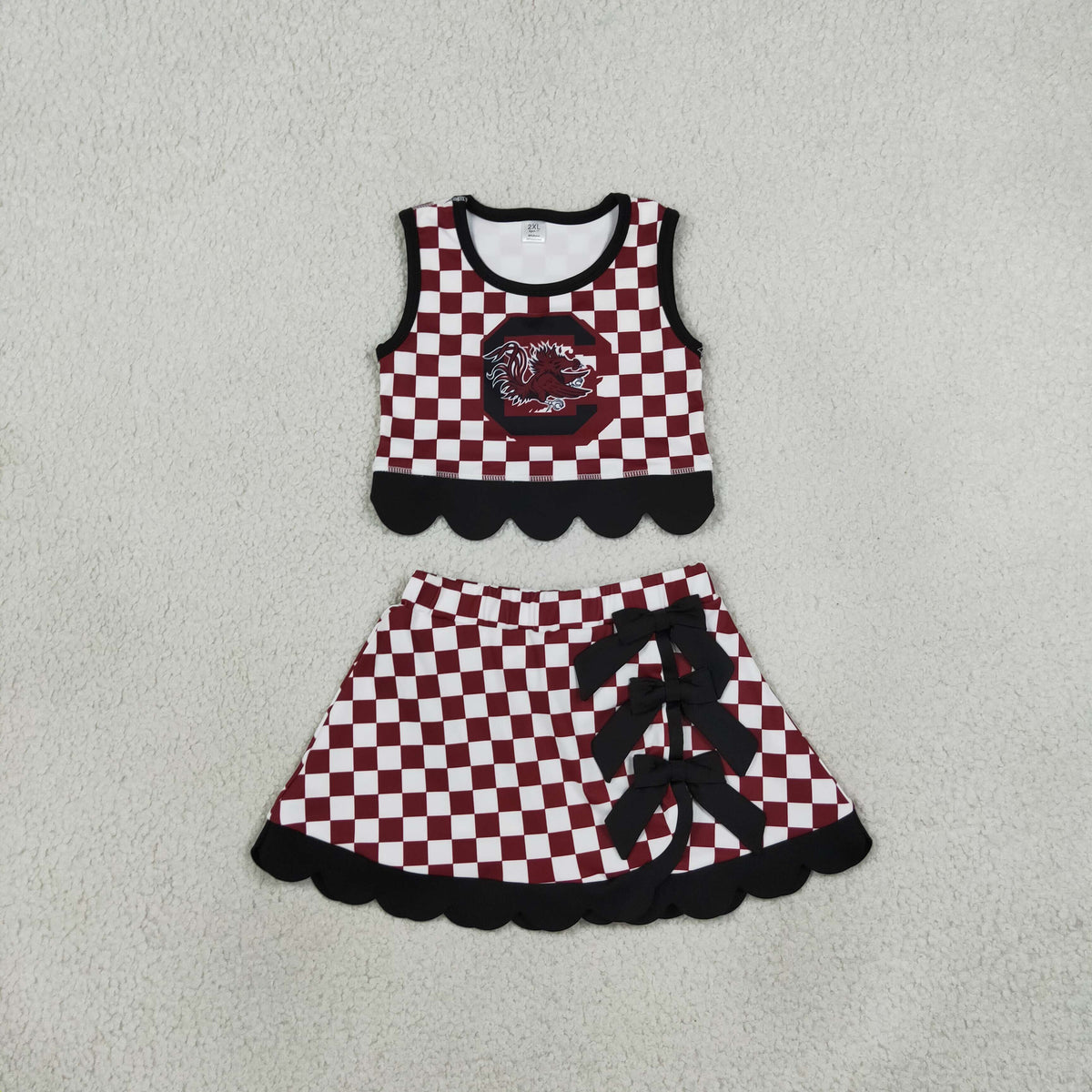 GSD4288 Yoga Team Maroon Checkered Sleeveless Bows Skorts Girls Set