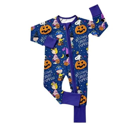 custom S Halloween welcome great pumpkin cartoon blue long sleeve zipper boys romper