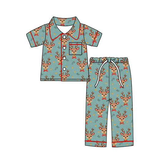 custom order Christmas cartoon deer holly berry blue short sleeve pants girls set