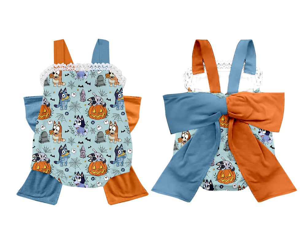 custom style Halloween blue dog pumpkin with bow romper