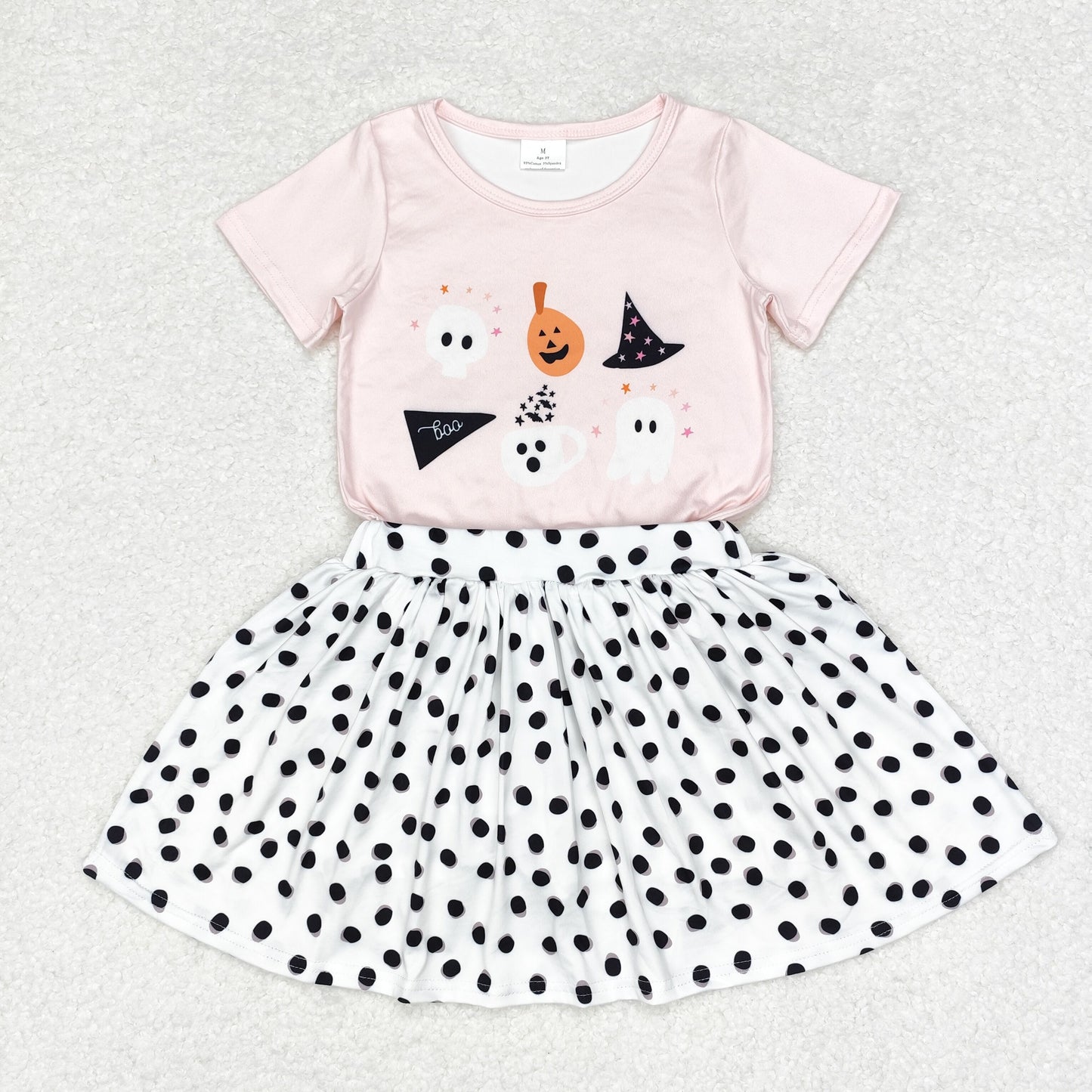 GSD1407 Halloween spooky pumpkin pink short sleeve black dot skirt girls set