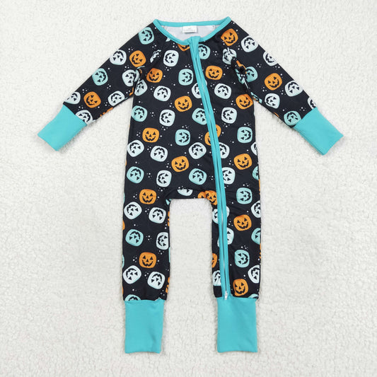 LR2465 Halloween smile pumpkin blue black zipper long sleeve boys romper