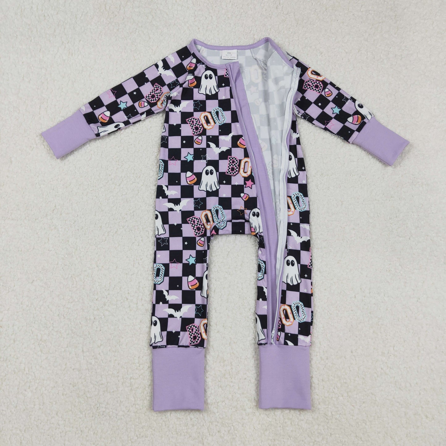 LR2541 Halloween spooky BOO purple black checkered zipper long sleeve girls romper