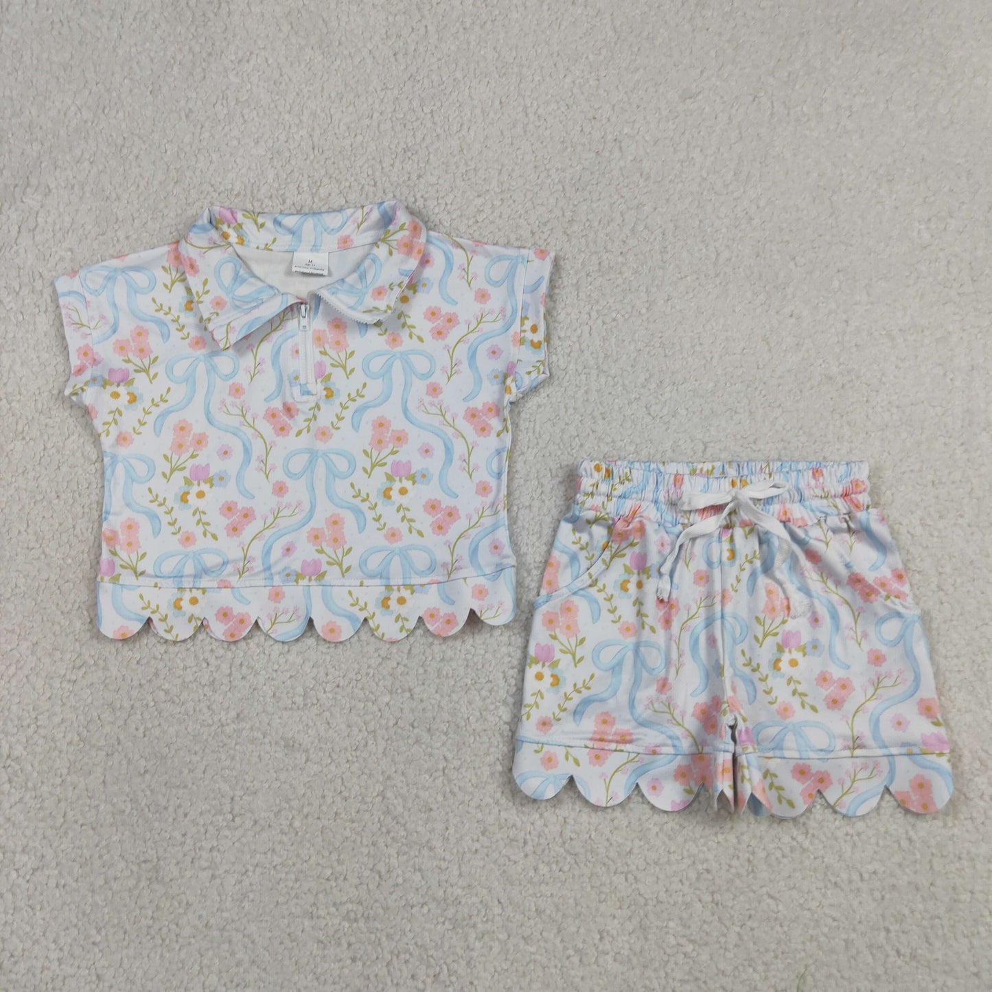 GSSO3575 Scallop Flowers Short Sleeve Shorts Girls Set