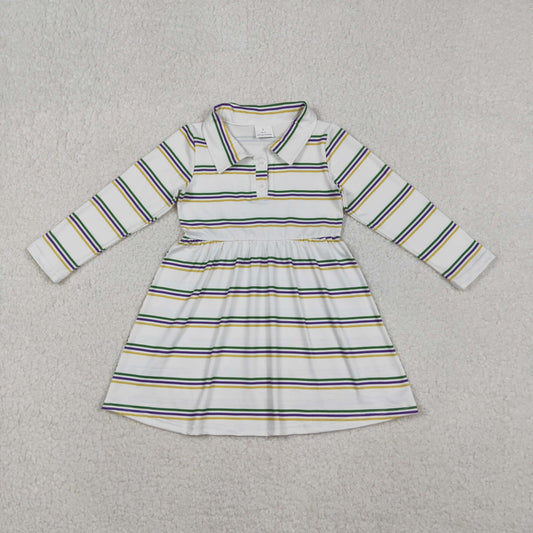 GLD1331 Mardi Gras yellow purple green striped long sleeve girls dress