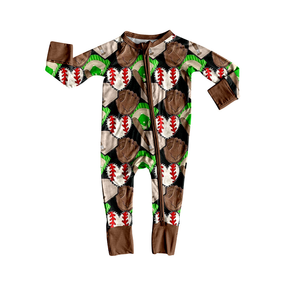 Custom moq 20 bamboo play baseball brown long sleeve zipper boys romper
